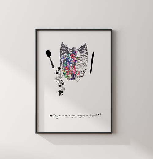 Framed print depicting a ribcage with flowers and utensils