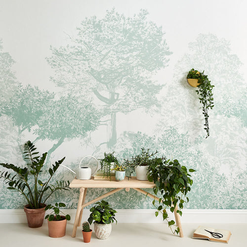 Hua Trees Green Mural Wallpaper Table avec plantes Sian Zeng
