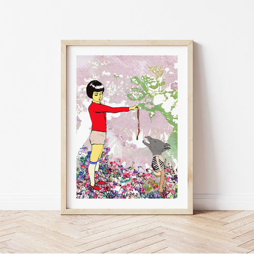 Framed print of little red riding hood feeding candy to a wolf