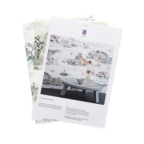 Mountains Wallpaper Sample pack. Children's Wallpaper, Fun Wallpaper, Birds, Bears, Boats, Blue, Peach, Pink, Grey, Designer Wallpaper. 