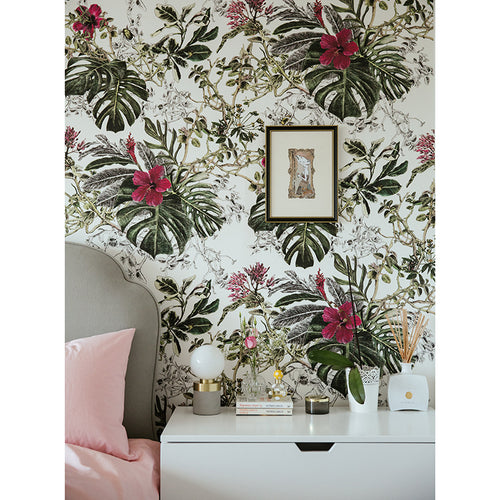 Feuilles tropicales roses et vertes audacieuses papier peint magnétique dans la chambre avec des aimants sur mur