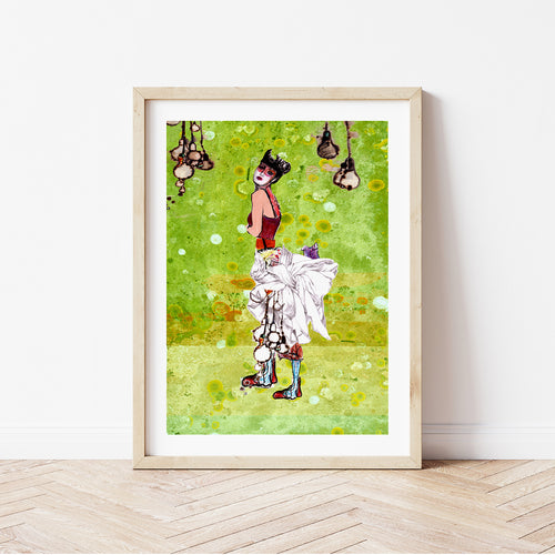 Print of a girl wearing drapery with green abstract background