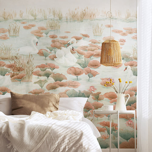Swan Lake Mural Wallpaper Terracotta in bedroom Sian Zeng