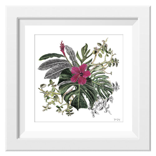 Framed print of tropical leaves and a pink flower illustration