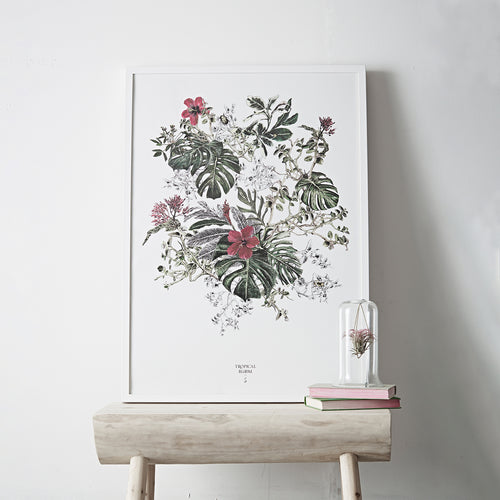 Framed print of tropical leaves and flowers illustration