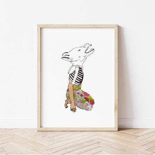 Framed print of a human with a wolf skull for a head illustration