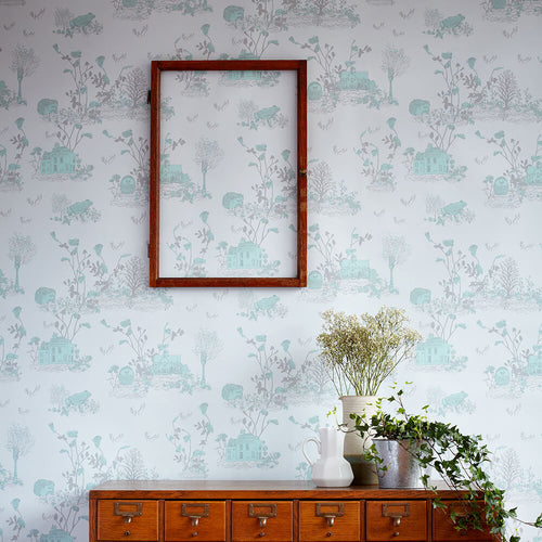 Fondo de pantalla azul de Woodlands detrás del gabinete Sian Zeng