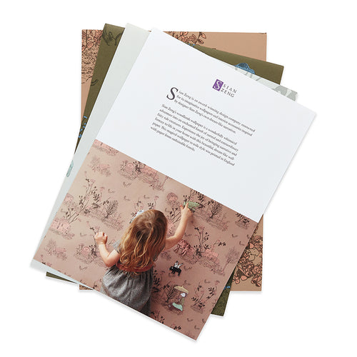 Woodlands Hedgehog, Frog, Brown, Pink, Blue, Khaki, Fun Wallpaper Sample Pack for Children's Room.