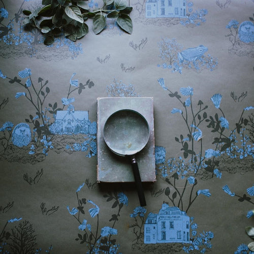 Woodlands Khaki Blue Wallpaper Desk Sian Zeng